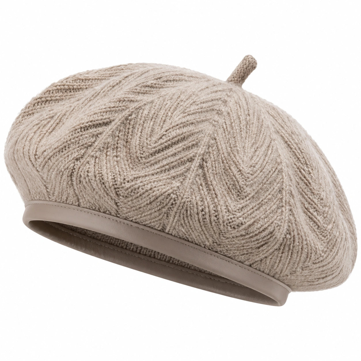 Strickbaskenmütze Einheitsgröße Beige mit Zopfmuster und Besatz in Lederoptik