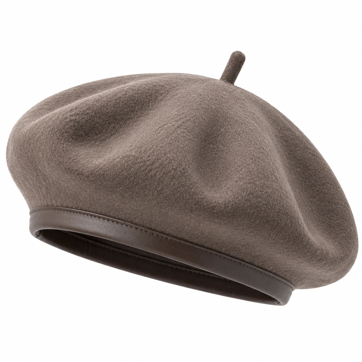 Baskenmütze Einheitsgröße aus wollähnlichem Textil in Taupe mit Kunstlederoptik im französischen Stil
