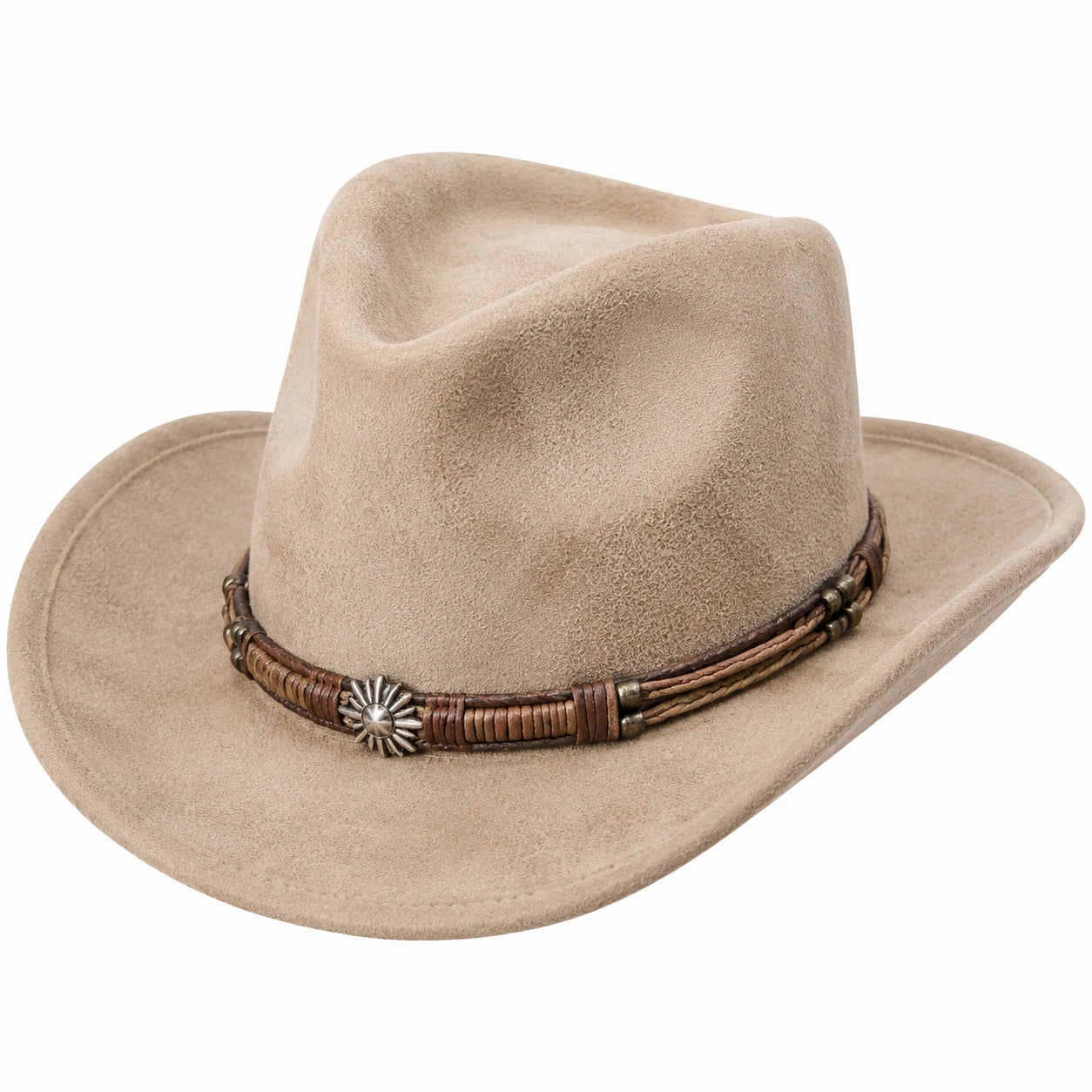 Cowboyhut Einheitsgröße in Beige Veloursoptik mit geflochtenem Hutband im Westernstil