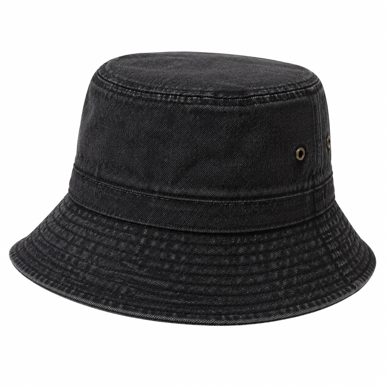Bucket Hat Einheitsgröße aus schwarzem Denimstoff mit Ösen im lässigen Stil