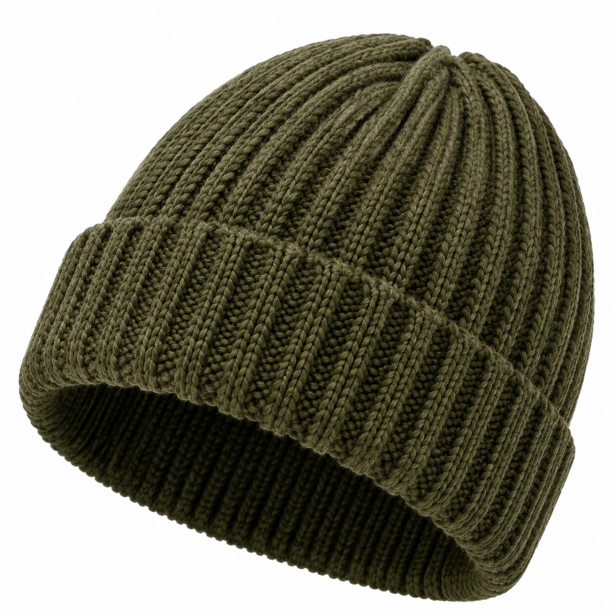 Strickmütze Einheitsgröße aus Textil Olivgrün mit Umschlag gerippt
