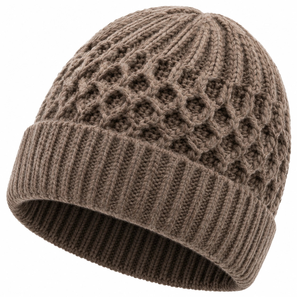 Strickmütze Einheitsgröße Taupe mit Umschlag und Zopfmuster